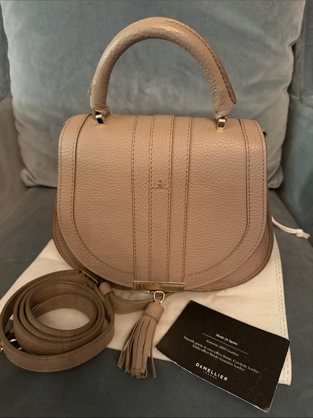 DeMellier Taupe Venice Pebbled Leather Top-Handle Satchel with Tassel